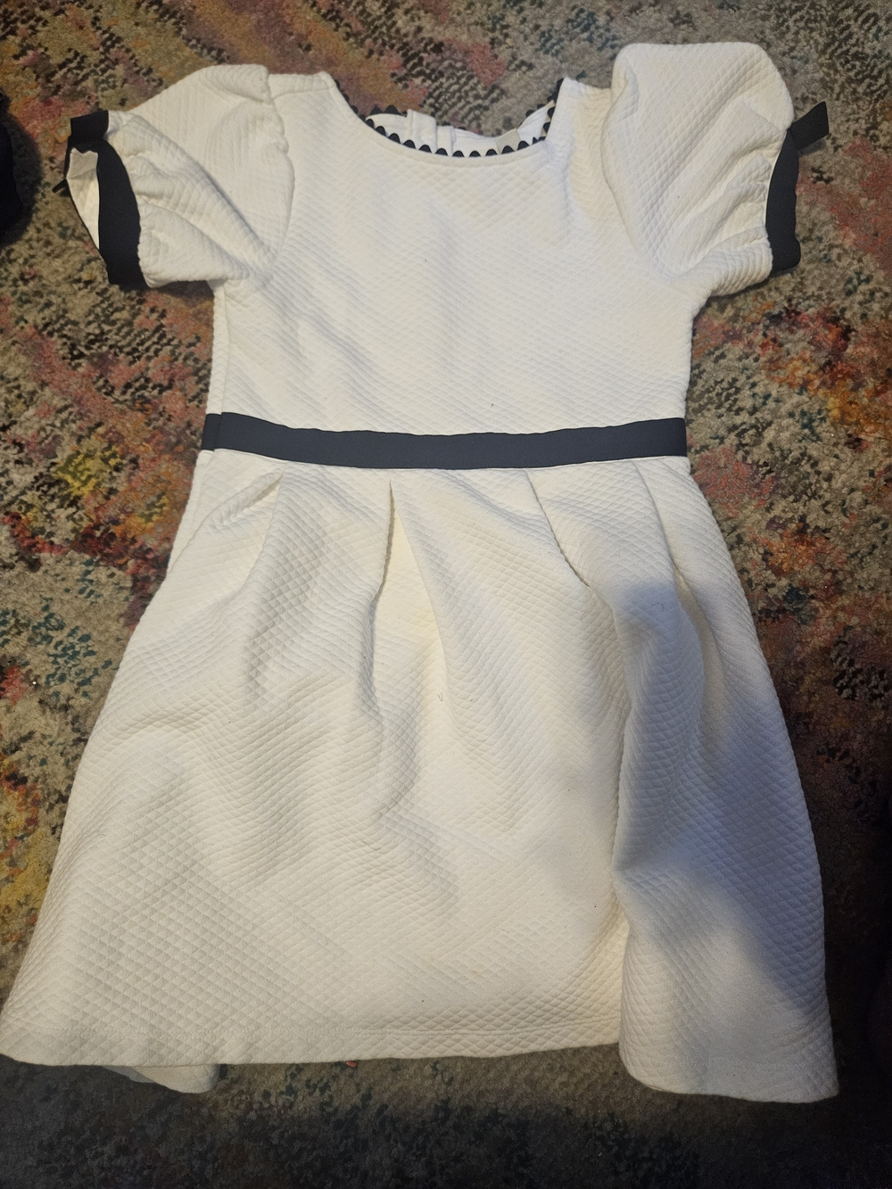 Girls' White Textured Dress with Navy Trim